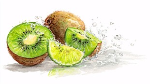 水彩画中飞溅的新鲜猕猴桃