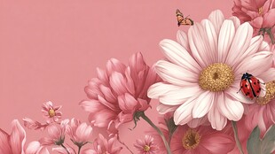 粉色花卉间的瓢虫与蝴蝶