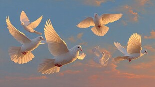 夕阳下白鸽展翅飞翔