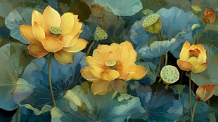 梦幻黄荷与蓝绿荷叶图景