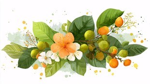 水彩绘橘花绿叶果实图