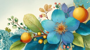 蓝色花卉与果实插画作品