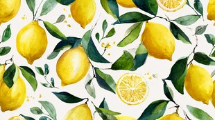 水彩绘柠檬与绿叶图案