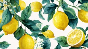 水彩绘柠檬绿叶清新图案