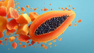 切开的木瓜及飞溅的果肉