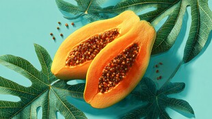 切开的木瓜与绿叶背景