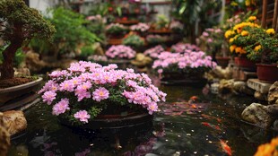 池塘边的缤纷花卉盆景