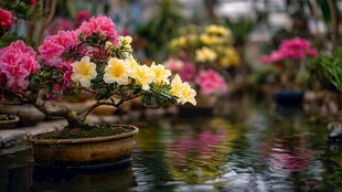 水中绽放的多彩杜鹃盆景