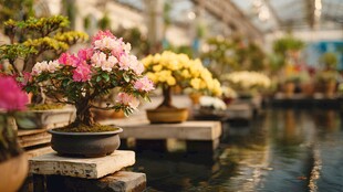 温室中的多彩盆景花卉