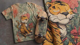 老虎图案T恤与滑板展示