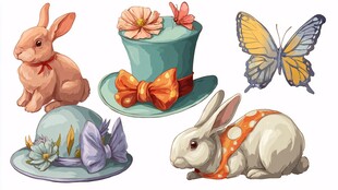 可爱兔子与精致帽子插画