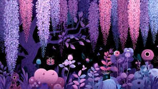 梦幻紫色花卉藤蔓夜景图