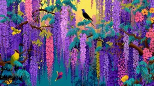 紫藤繁花间的灵动鸟儿