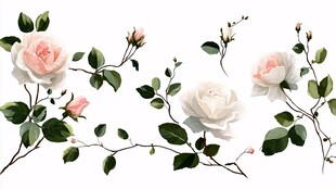 粉白玫瑰花卉枝叶插画