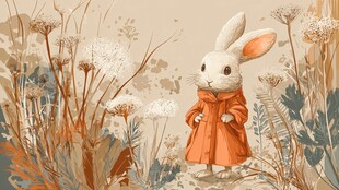 穿红衣的小兔在花草间