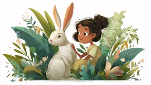 女孩与白兔的温馨自然场景