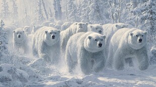 北极狼群雪地中集体出动