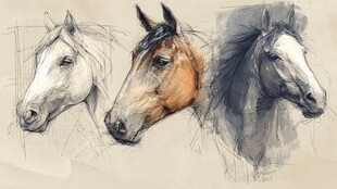 三匹骏马的生动素描