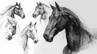 素描马头画作展示