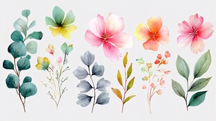 水彩手绘清新花卉与枝叶