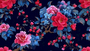 深蓝底繁花锦簇花卉图案
