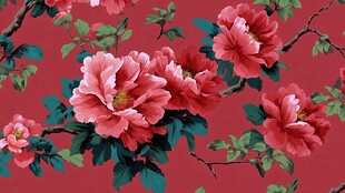 中式红底牡丹花卉图案