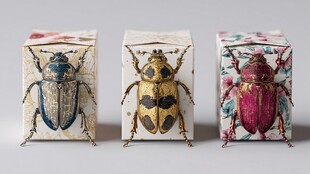 三只多彩甲虫标本展示