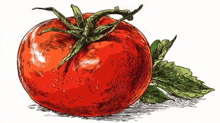 手绘鲜红番茄带翠绿叶片