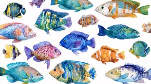 多彩水彩绘热带观赏鱼类