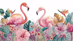 双火烈鸟栖于繁花绿叶间