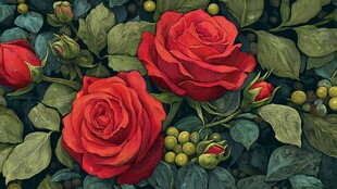 艳丽红玫瑰与绿叶果实