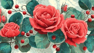 复古风红玫瑰绿叶图案