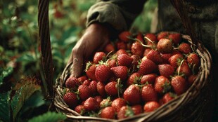 手捧一篮新鲜采摘的草莓