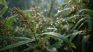 清晨带露的翠绿植物