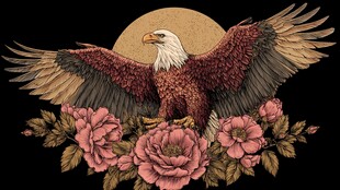 雄鹰栖花伴月壮丽图景