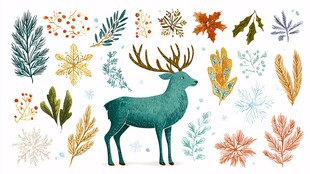 冬季驯鹿与缤纷植物插画