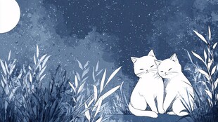 月夜下依偎的两只猫咪
