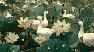 荷塘白鹅悠游图