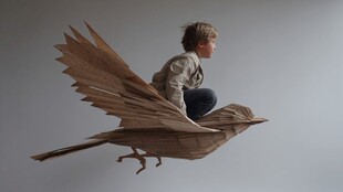 男孩骑乘纸鸟奇幻飞行