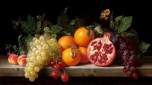 静物 多彩水果与绿叶组合