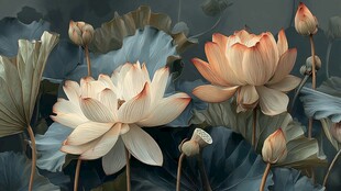 水墨风盛开荷花与荷叶图