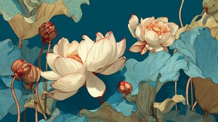 古风荷花与荷叶插画