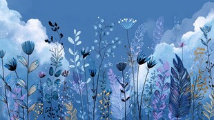 梦幻蓝紫色花草天空插画