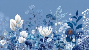 蓝白色梦幻花卉插画场景