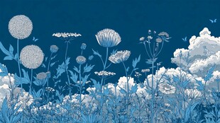 梦幻蓝调花草与云朵图景