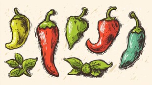 手绘多彩辣椒与叶片图案