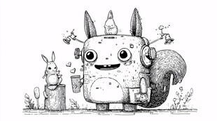 可爱机器生物与小动物相伴