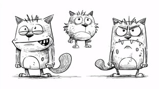 三只表情各异的卡通猫咪