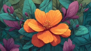 橙色花卉绽放于绿叶间