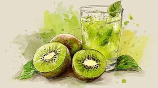 水彩风猕猴桃与绿色饮品